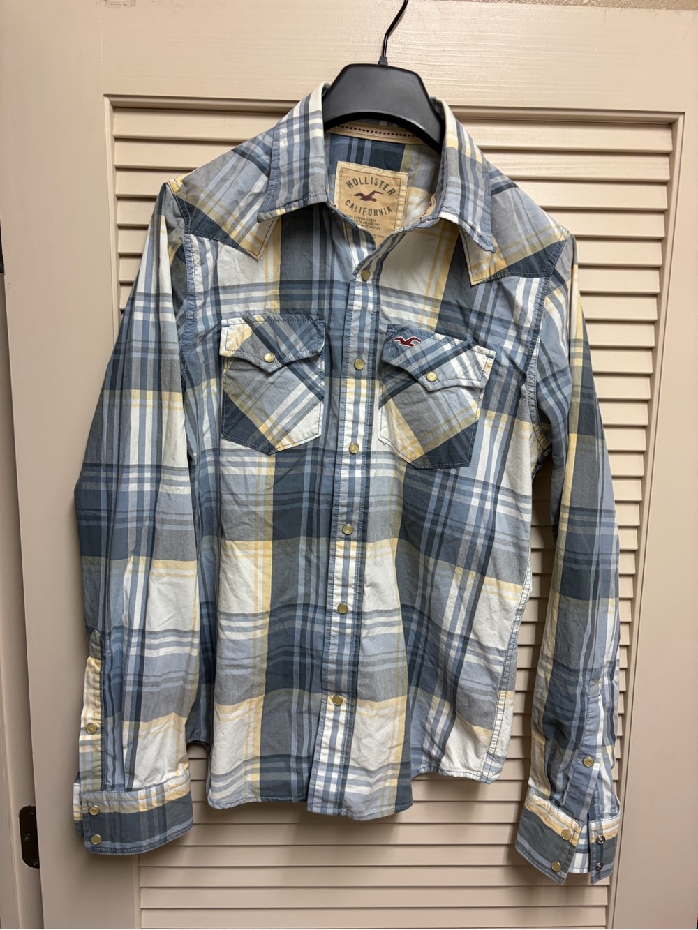 Hollister Mens M Western Pearl Snap Shirt Blue Yellow Plaid Cotton Y2K Cowboy